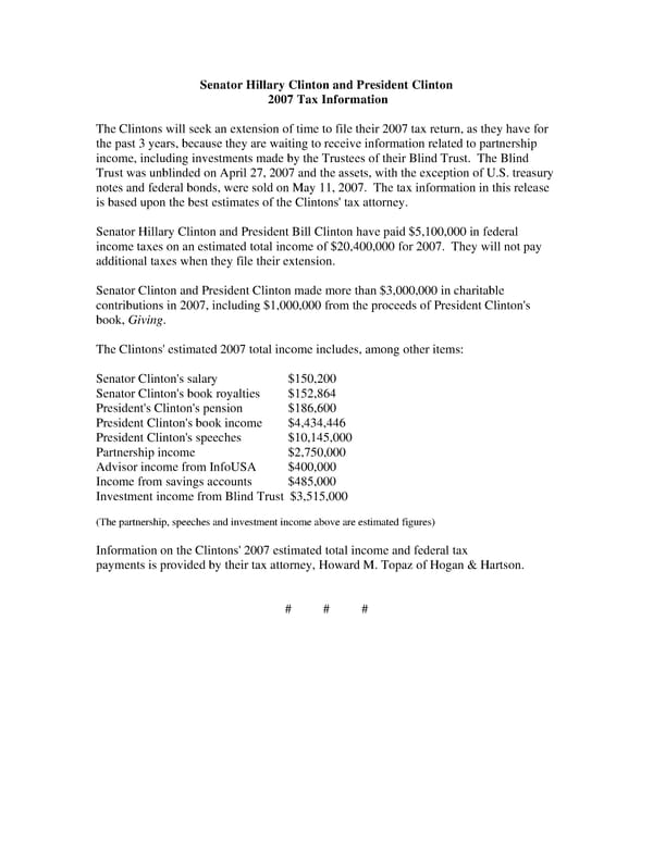 2007 Clinton Income Tax Estimate - Page 1