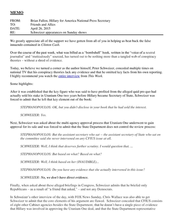 4/26/15 Memo: Clinton Cash Unravels - Page 1