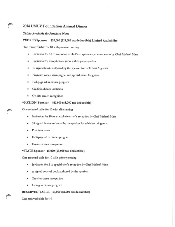 UNLV Foundation Table Prices - Page 1