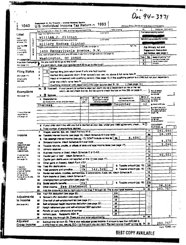 1993 U.S. Individual Income Tax Return (B_Clinton_1993) - Page 1