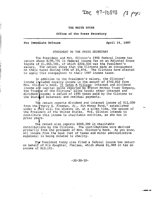 1996 U.S. Individual Income Tax Return (B_Clinton_1996) - Page 1