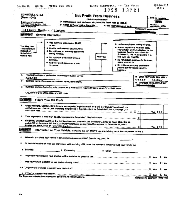 1998 U.S. Individual Income Tax Return (B_Clinton_1998) - Page 9