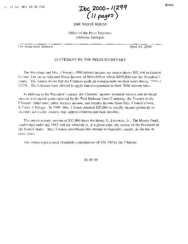 1999 U.S. Individual Income Tax Return (B_Clinton_1999) - Page 1