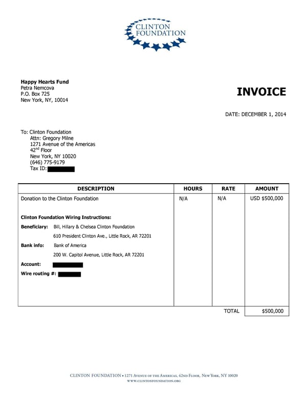 Clinton Foundation Happy Hearts invoice - Page 1