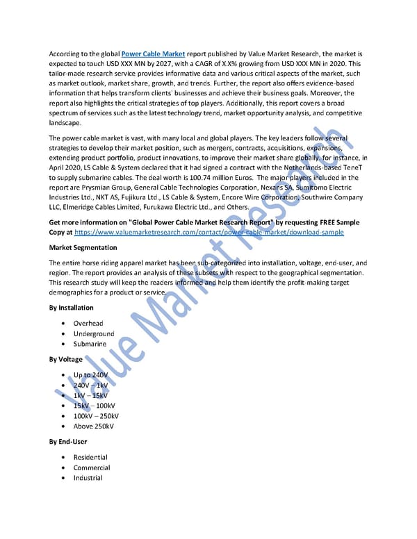 Power Cable Market Size, Analysis Report and Forecast to 2027 - Page 1