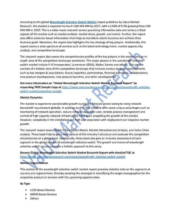 Wavelength Selective Switch Market Size, Analysis Report and Forecast to 2027 - Page 1