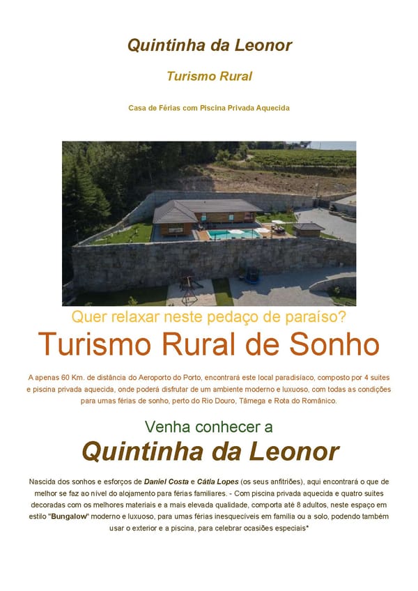 A Quintinha da Leonor Turismo Rural Douro Norte Casa de férias com Piscina Bungalow piscina aquecida parque infantil escapadinha fim de semana top gerês natureza Turismo rural Norte Vivendas Villas Moradias - Page 1