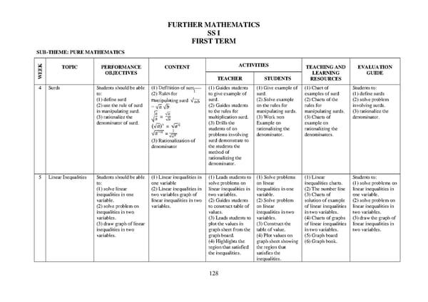 Further Mathematics Scheme of Work for SS1 First Term - Page 3