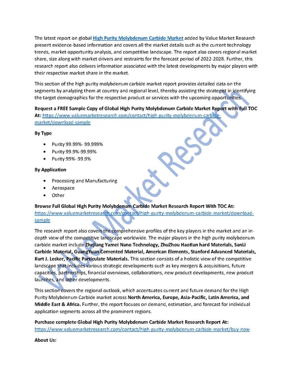 High Purity Molybdenum Carbide Market Size, Trends & Global Outlook Report to 2028 - Page 1