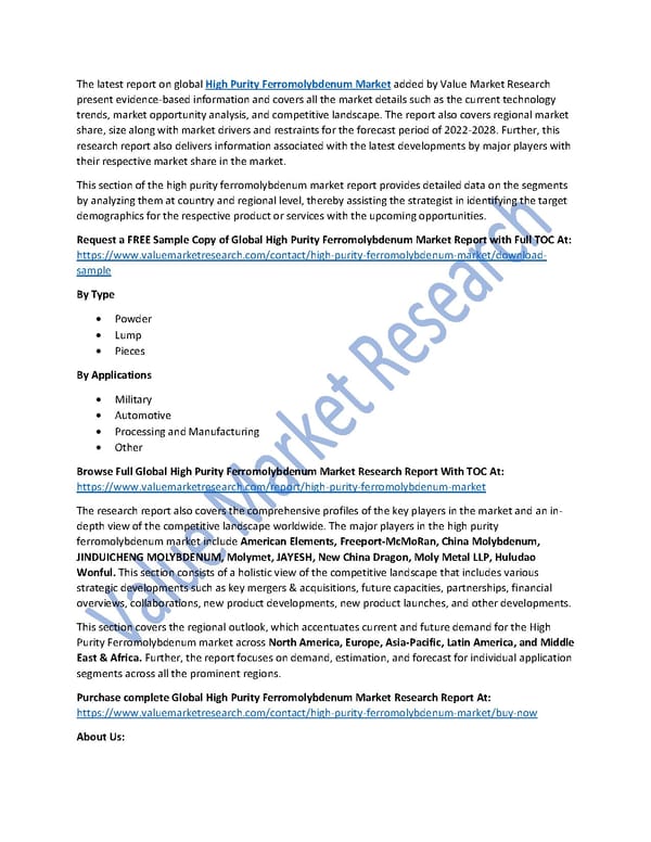 High Purity Ferromolybdenum Market Size, Trends & Global Outlook, 2021-2028 - Page 1