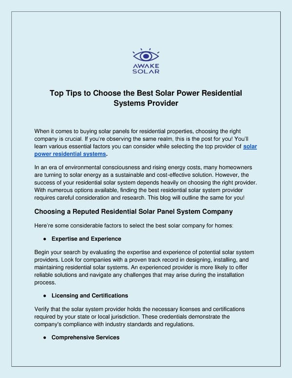 Top Tips to Choose the Best Solar Power Residential Systems Provider - Page 1